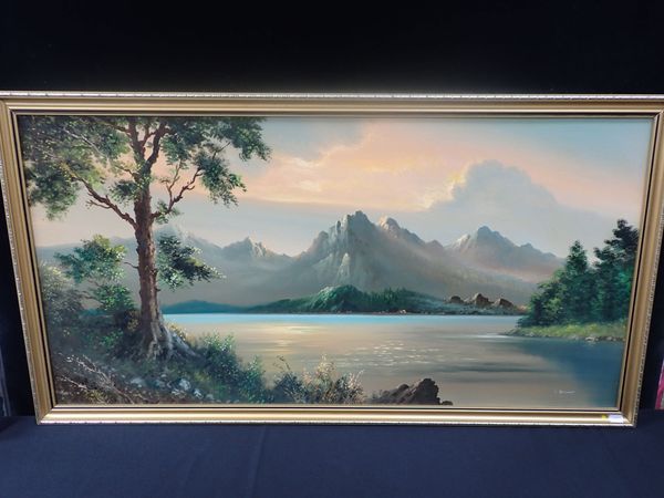 E.STEWART: LAKE SCENE WITH MOUNTAINS