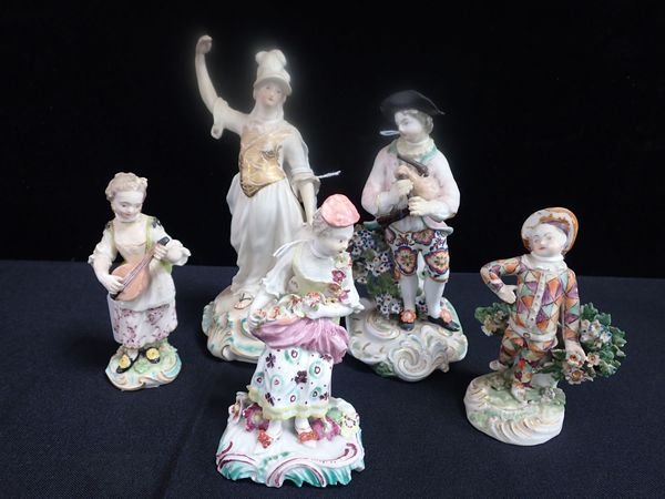 FIVE 18TH CENTURY DUESBURY DERBY PORCELAIN FIGURES