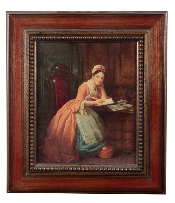 ENGLISH SCHOOL, 19TH CENTURY A study of a lady writing in an interior