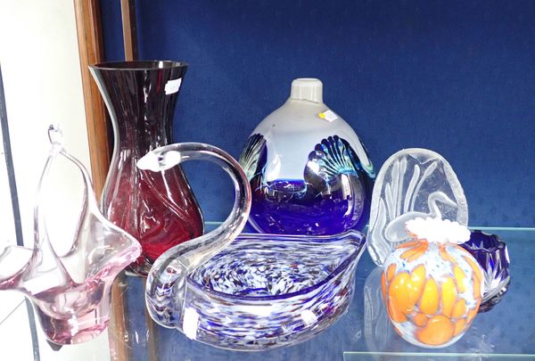 AN ART GLASS VASE, AND OTHER GLASS WARE
