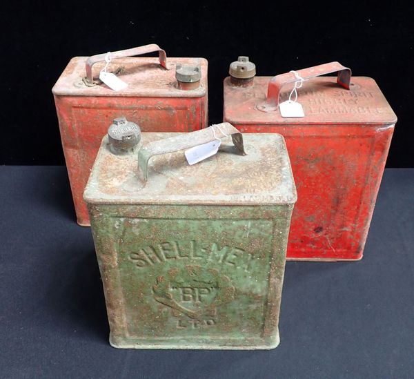 MOTORING; THREE VINTAGE PETROL CANS