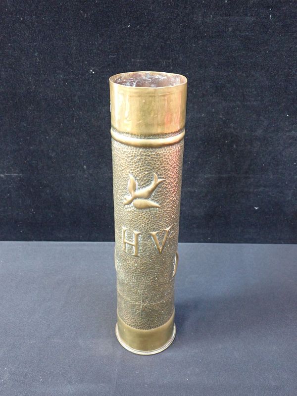 A TRENCH ART BRASS SHELL VASE