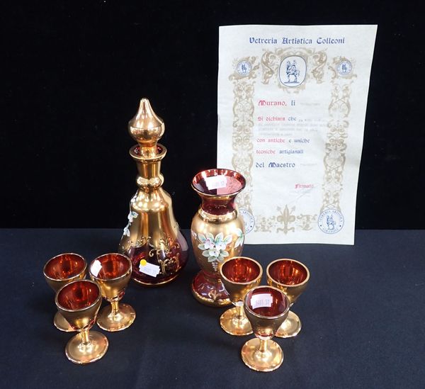 A MURANO GLASS  RED AND GILT LIQUEUR SET