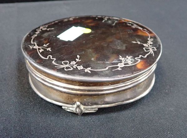 A TORTOISESHELL AND SILVER ROUND DRESSING TABLE BOX