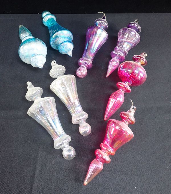 A SET OF EIGHT IRIDESCENT BLOWN GLASS HANGING DECORATIONS