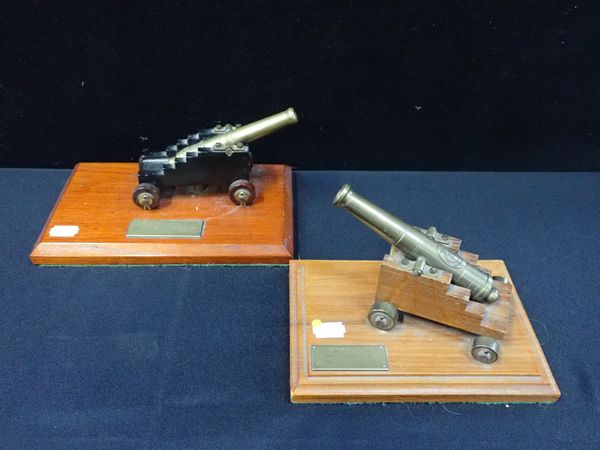 TWO BRASS MODEL CANNON, ON WOODEN CARRIAGES