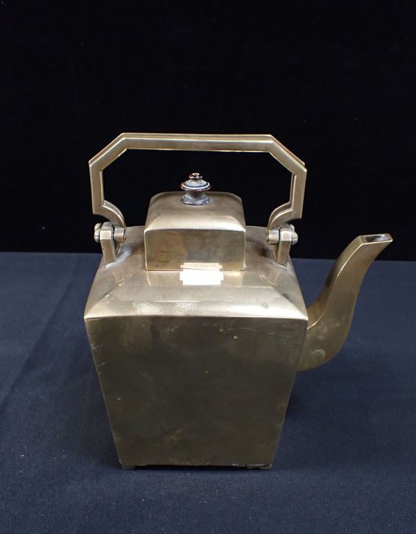 A CHINESE BRASS TEAPOT WITH STRAINER