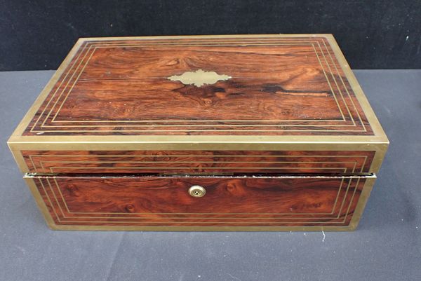 A 19TH CENTURY ROSEWOOD AND BRASS BOUND WRITING SLOPE