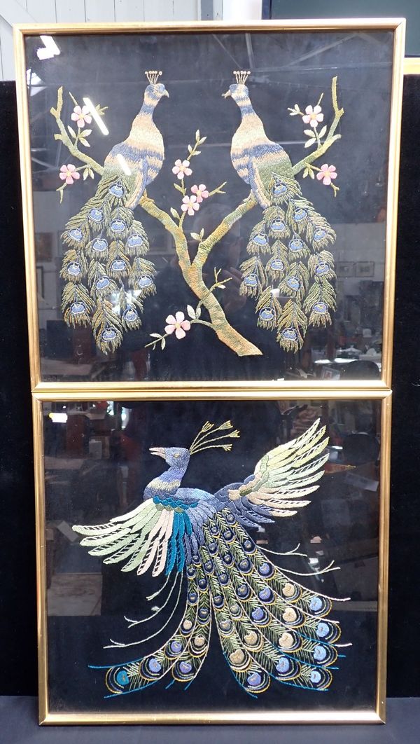 A PAIR OF AESTHETIC STYLE FRAMED EMBROIDERIES OF PEACOCKS