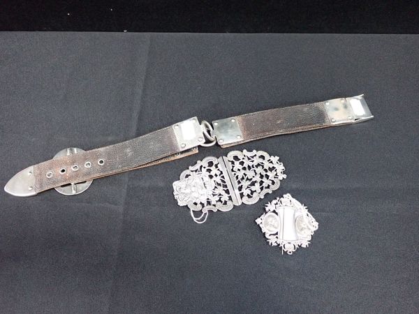 A VICTORIAN SILVER-MOUNTED LEATHER BELT