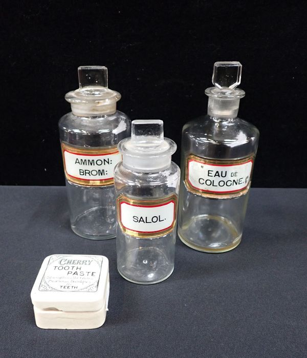 THREE CHEMIST'S BOTTLES WITH INLAID GILT-GLASS LABELS