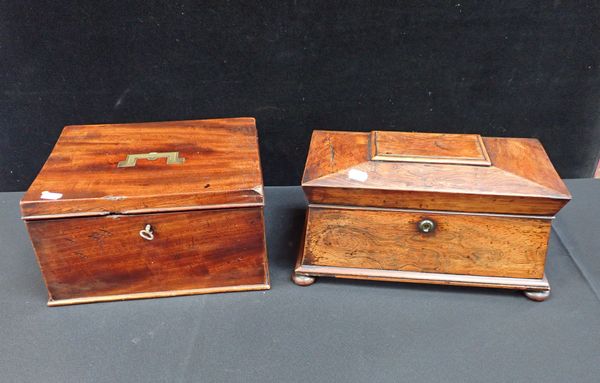 A GEORGE III MAHOGANY  BOX FITTED THREE INTERIOR COMPARTMENTS