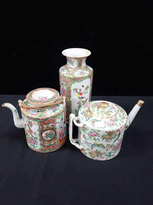 TWO CHINESE FAMILLE ROSE CYLIDRICAL TEAPOTS