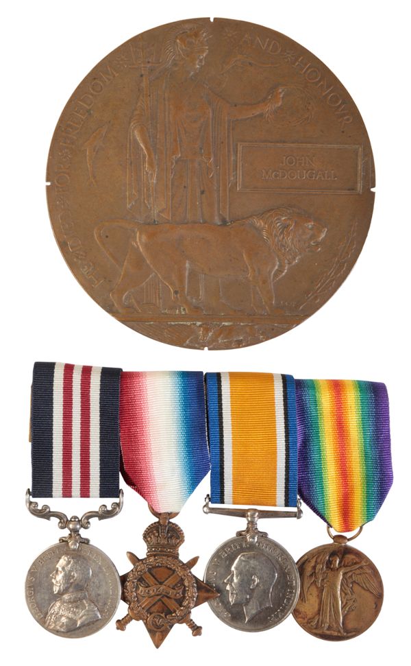 A MILITARY MEDAL 1914/15 TRIO & PLAQUE TO PTE J MCDOUGALL SEAFORTH HIGHLANDERS.