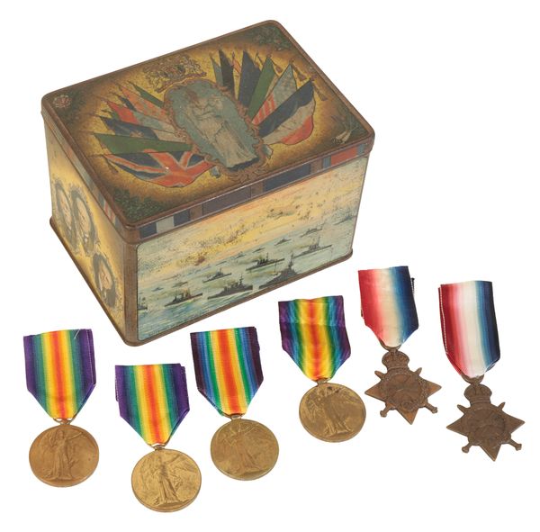 GREAT WAR MEDALS AND A RARE RIDGWAY'S PEACE TEA CANISTER 1919