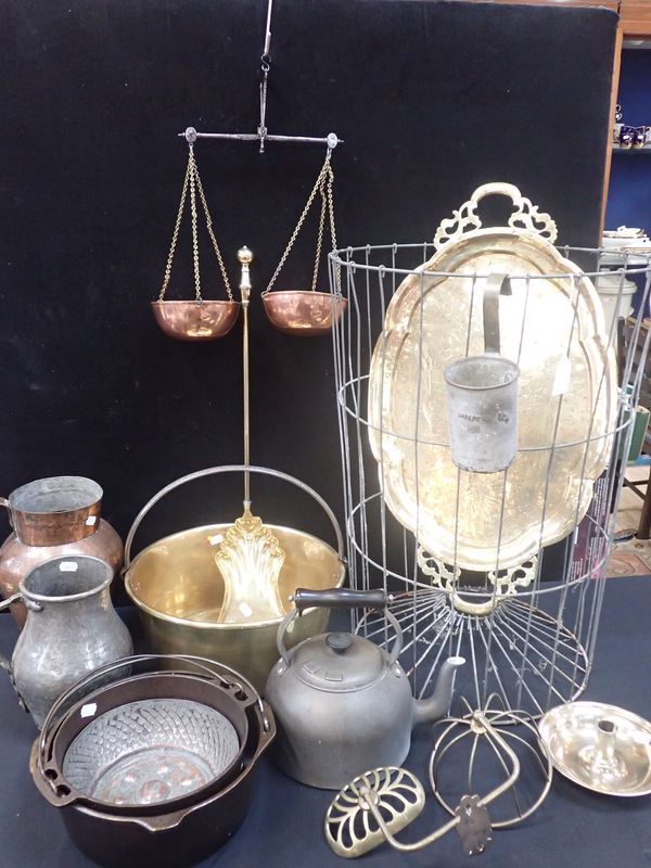 A BRASS PRESERVING PAN, HANGING SCALES