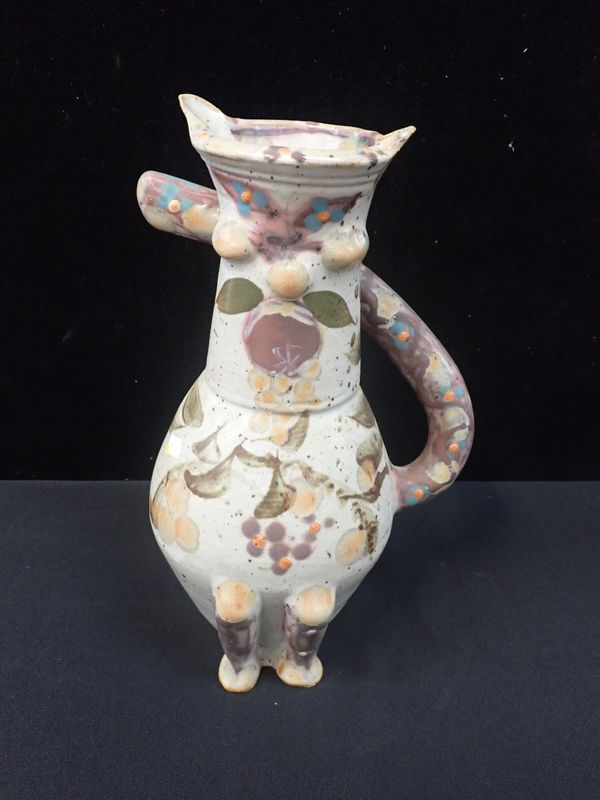 AN UNUSUAL STUDIO POTTERY EWER  OF STYLISED CAT FORM