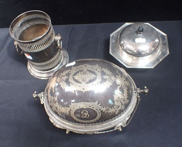 A SILVER-PLATED SERVING DISH, A BOTTLE STAND