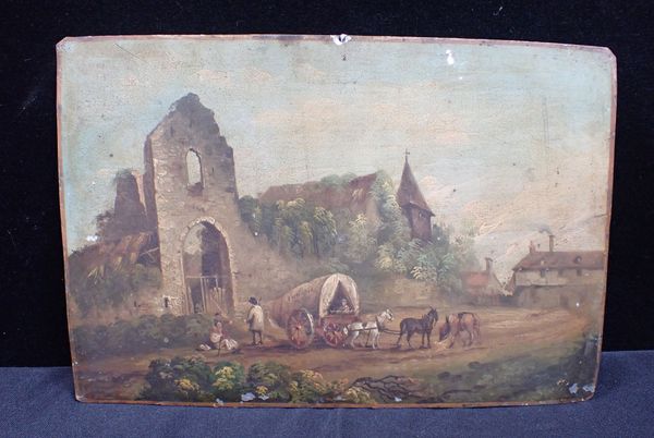 19TH CENTURY: VILLAGE SCENE, WITH RUINS AND WAGGON