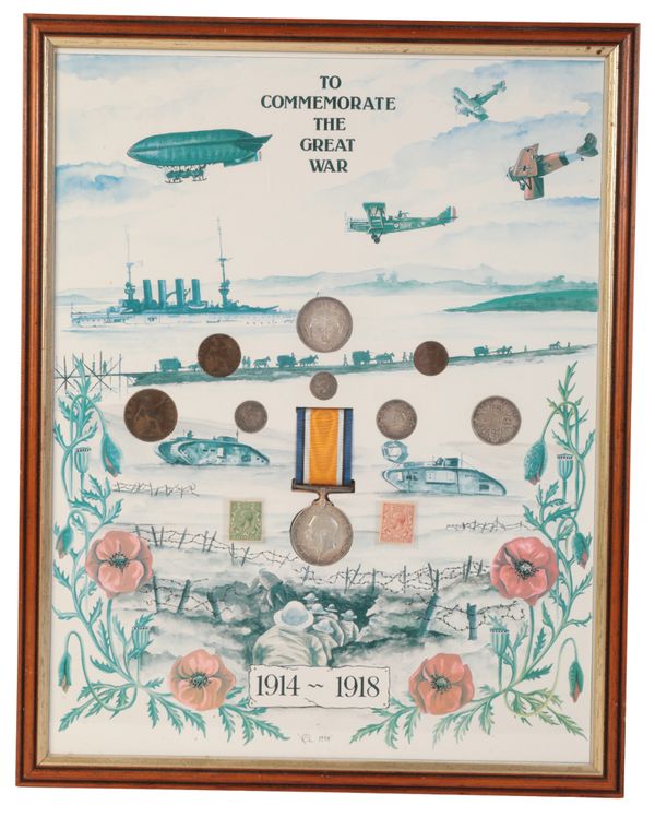 A WWI BRITISH WAR MEDAL IN COMMEMORATIVE FRAME