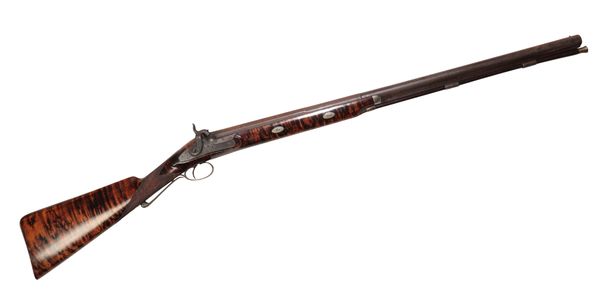 A FARINER SINGLE BARREL DAMASCUS PERCUSSION SPORTING GUN