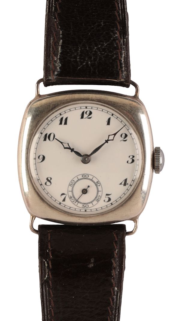 A GENTLEMAN'S SILVER CUSHION-CASE WRISTWATCH