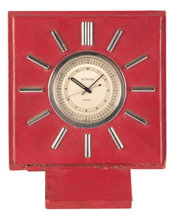 LECOULTRE: A RED MOROCCO DESK CLOCK