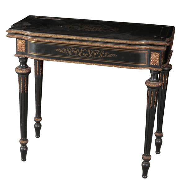 A LOUIS XVI STYLE EBONISED AND GILT METAL MOUNTED CARD TABLE