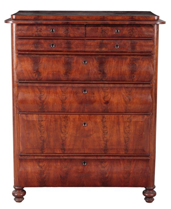 A 19TH CENTURY CONTIENTAL MAHOGANY TALL CHEST OF DRAWERS