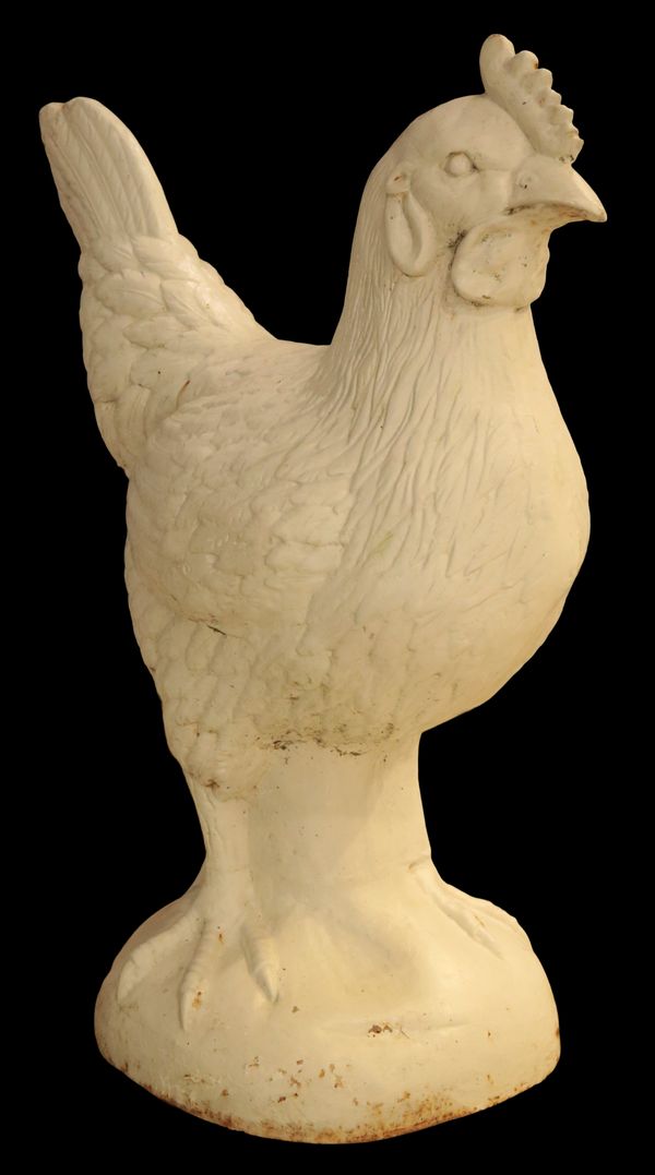 A LARGE CAST IRON AND WHITE-PAINTED CHICKEN