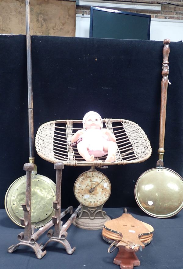 A PAIR OF BABY WEIGHING SCALES, WITH WICKER BASKET 'PAN'