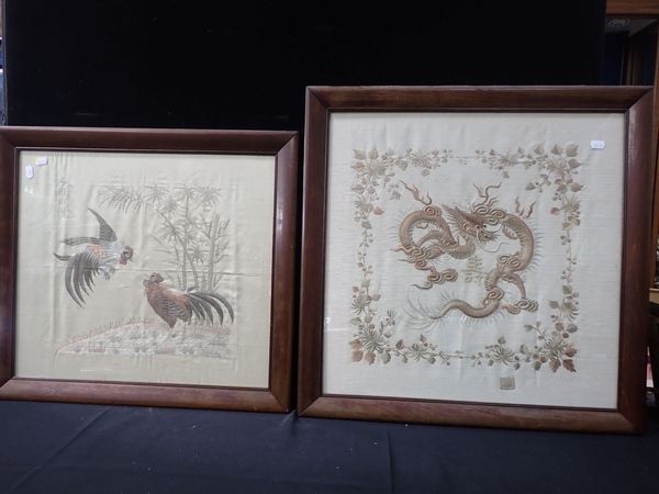 TWO CHINESE EMBROIDERED CREAM SILK PANELS