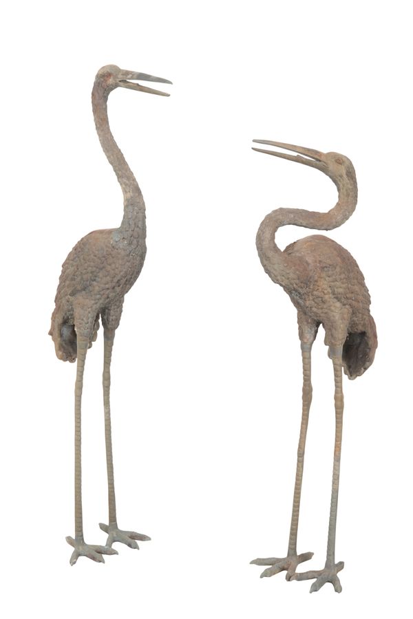 TWO PATINATED METAL CRANES