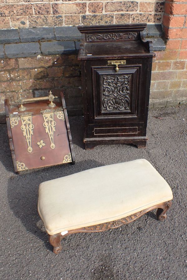 A VICTORIAN OAK  COAL BOX WITH CARVED PANEL