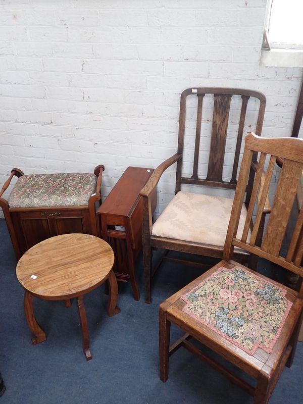 AN EDWARDIAN OAK ARMCHAIR, AND SIMILAR DINING CHAIR