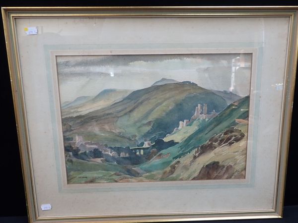 A.E. WAITE: CORFE CASTLE, WATERCOLOUR