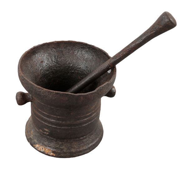 A LARGE CAST IRON PESTLE AND MORTAR