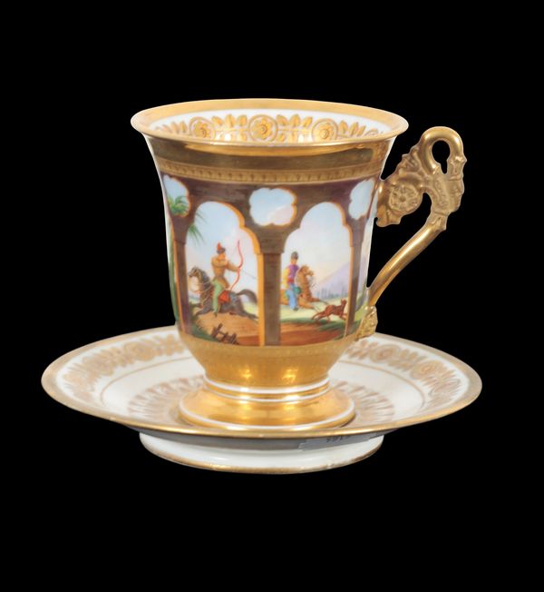 A 19TH CENTURY SEVRES STYLE PORCELAIN COFFEE CUP AND SAUCER