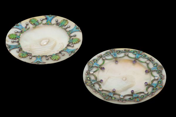 TWO EARLY 20TH CENTURY CONTINENTAL CHAMPLEVE ENAMELLED MOTHER OF PEARL SAUCERS