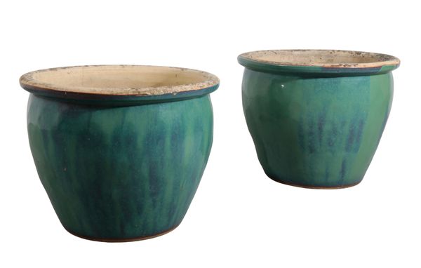 A LARGE PAIR OF BLUE GLAZED PLANTERS