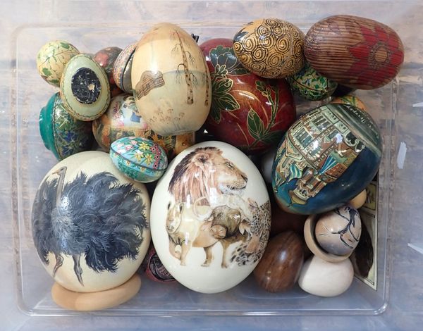 TWO PAINTED OSTRICH EGGS