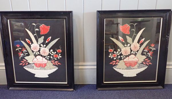 A PAIR OF SILK WORK FLORAL PICTURES, PROBABLY CHINESE