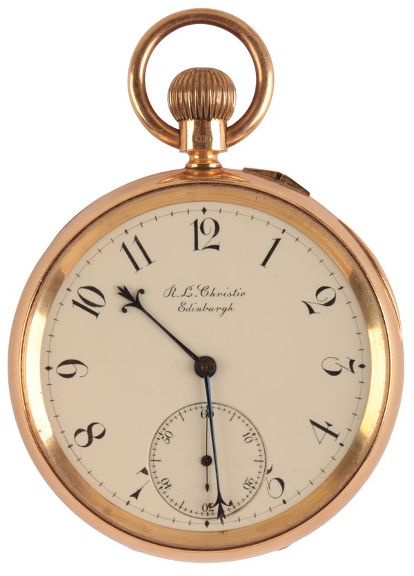 R L CHRISTIE OF EDINBURGH: A GENTLEMAN'S 18CT GOLD OPEN FACE POCKET WATCH