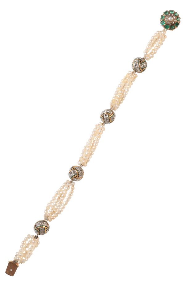 A PEARL, DIAMOND AND EMERALD BRACELET