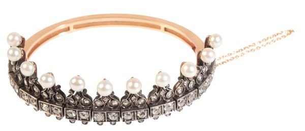 A PEARL AND DIAMOND BANGLE IN THE FORM OF A CROWN