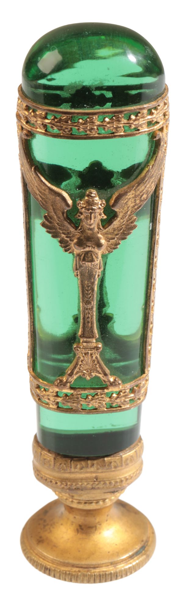 AN EARLY 19TH CENTURY GILT METAL MOUNTED GREEN GLASS ‘PALAIS ROYALE’ DESK SEAL