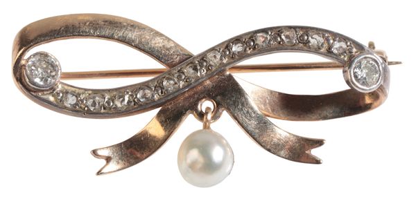 A DIAMOND AND CULTURED PEARL BOW BROOCH