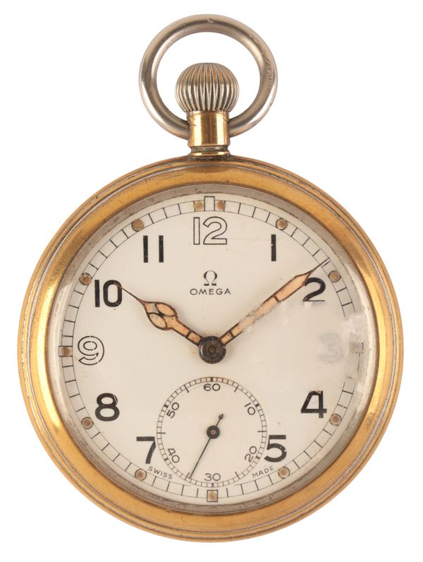 OMEGA: A GENTLEMAN'S NICKEL PLATED AMD BRASS MILITARY POCKET WATCH