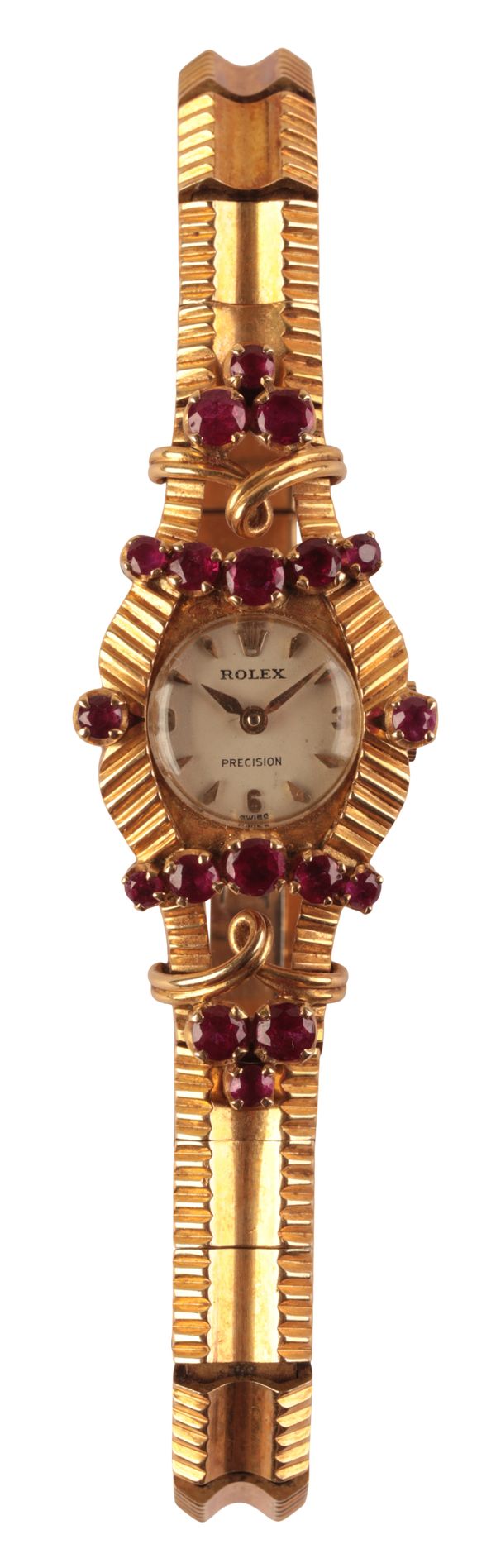 ROLEX: A LADY'S 18CT GOLD AND RUBY SET COCKTAIL WATCH