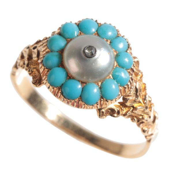 A 19TH CENTURY GOLD COLOURED METAL, TURQUOISE AND PEARL RING